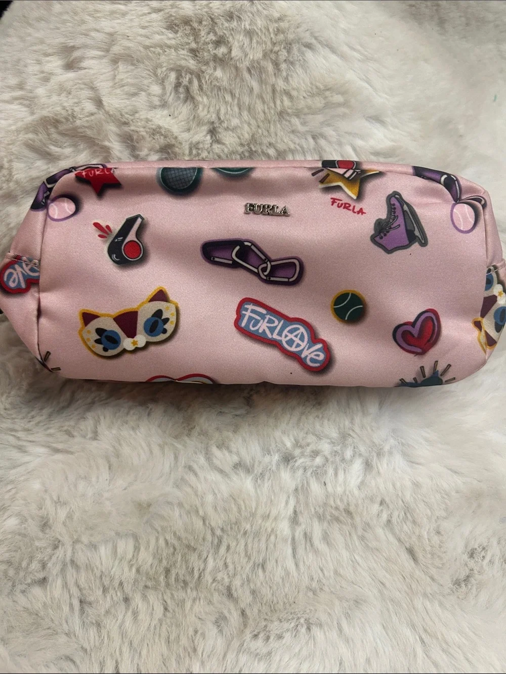 Furla Seasonal pink sticker print canvas clutch, cosmetic bag with mirror/strap